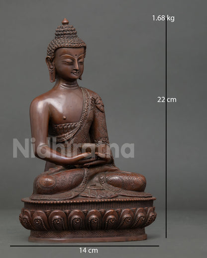 Right side view Amitabha Buddha statue oxidized copper lost wax Nepal artwork
