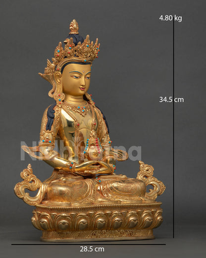 right side view Amitayus Buddha statue seated on lotus pedestal showing copper structure and gilded finish