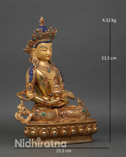 Right Side View Amitayus Statue, Copper Buddhist Sculpture with Ornate Carvings