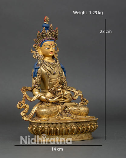 Right side view of Amitayus statue, copper and gold Himalayan craftsmanship