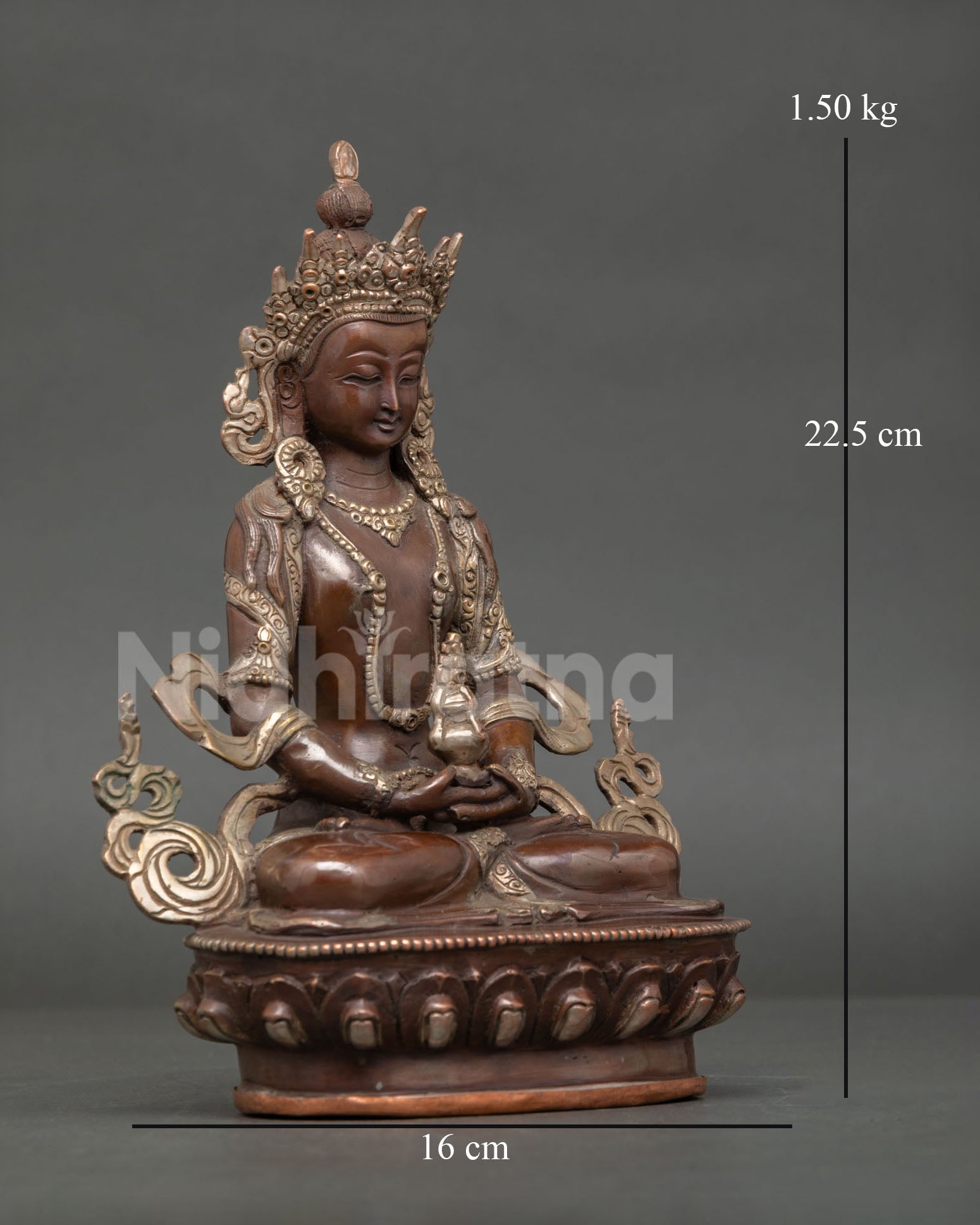 Right side view Amitayus Statue copper sculpture antique oxidized finish Himalayan art