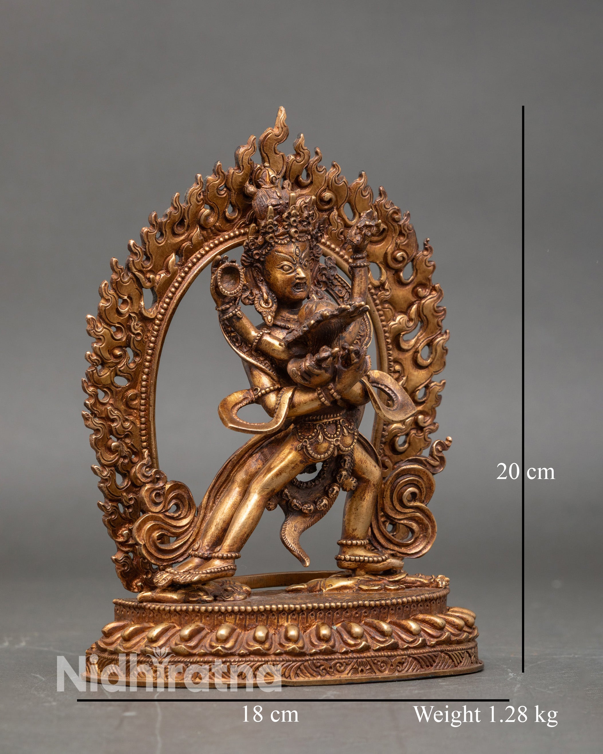 Right side view of Chakrasamvara Yab-Yum statue with antique finish and lotus base