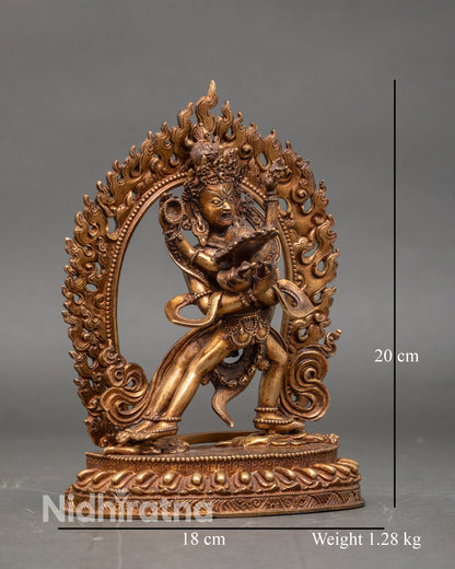 Right side view of Chakrasamvara Yab-Yum statue with antique finish and lotus base