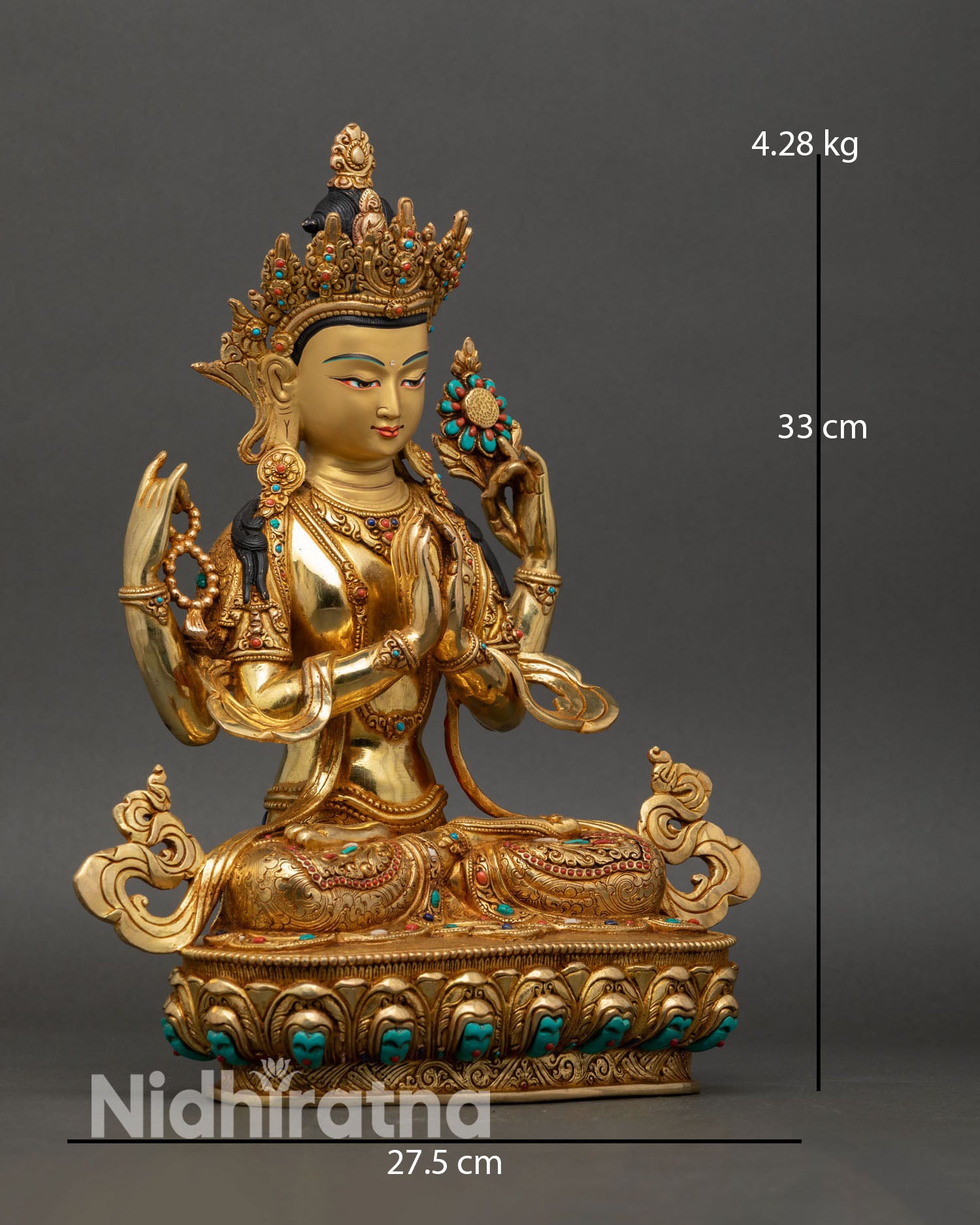 Right side view of Chenrezig statue four armed Bodhisattva Avalokiteshvara handcrafted Nepal