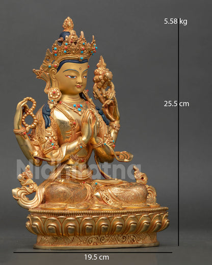 Right side view Chenrezig statue seated on lotus throne, Four-Armed Avalokiteshvara Nepal handcrafted sculpture