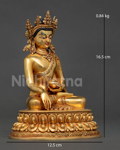 right side view crown shakyamuni buddha statue copper gold double lotus throne alms bowl