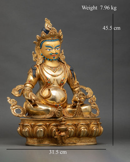 Right side view of Dzambhala statue, copper and gold, traditional Himalayan art