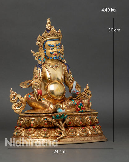 Right side view of Dzambhala statue, copper sculpture with turquoise and coral accents