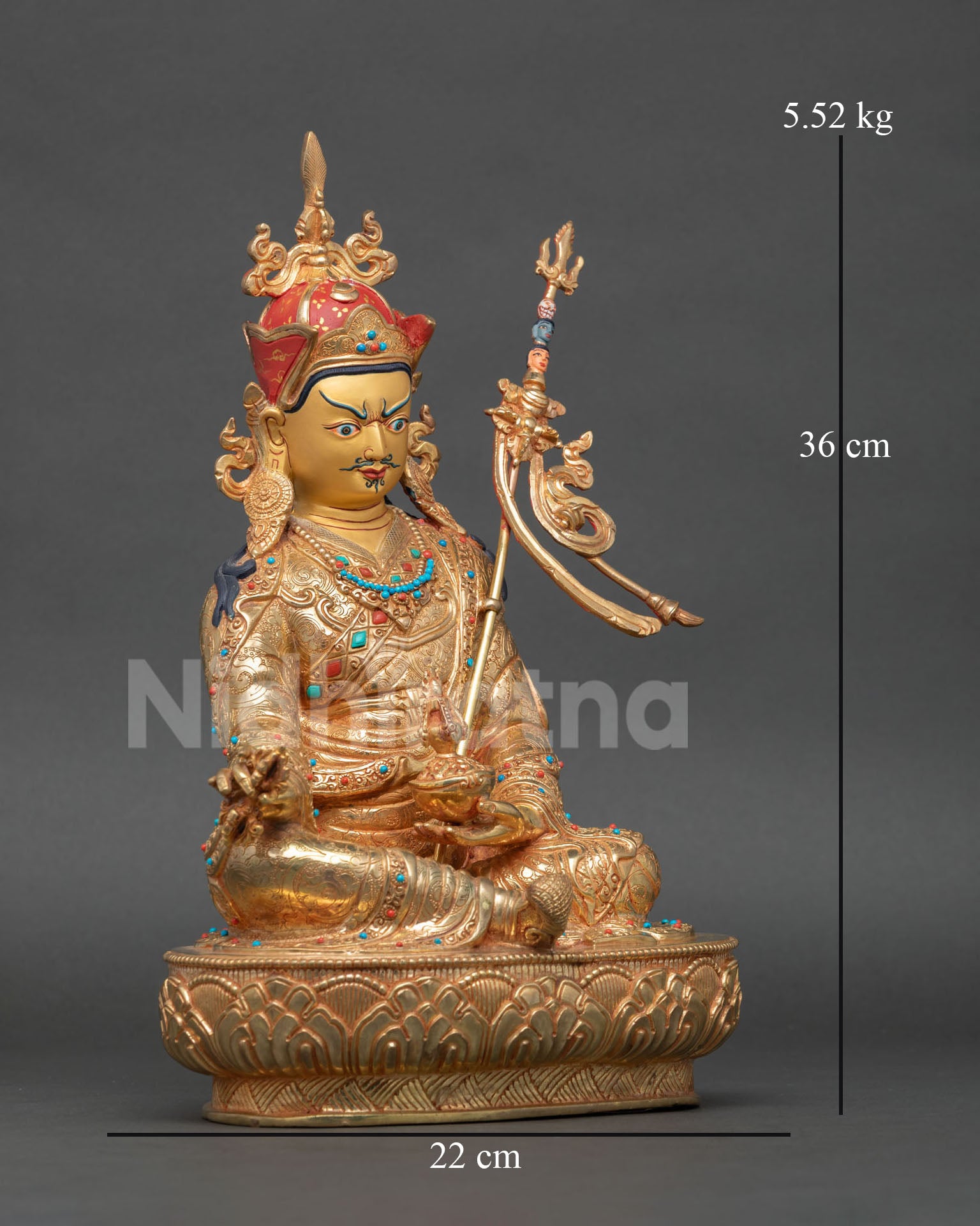 right side view guru rinpoche statue seated lotus copper alloy 24k gold gilded tibetan art