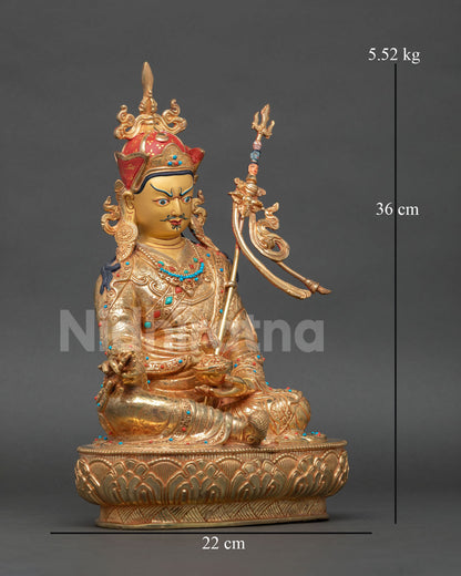right side view guru rinpoche statue seated lotus copper alloy 24k gold gilded tibetan art