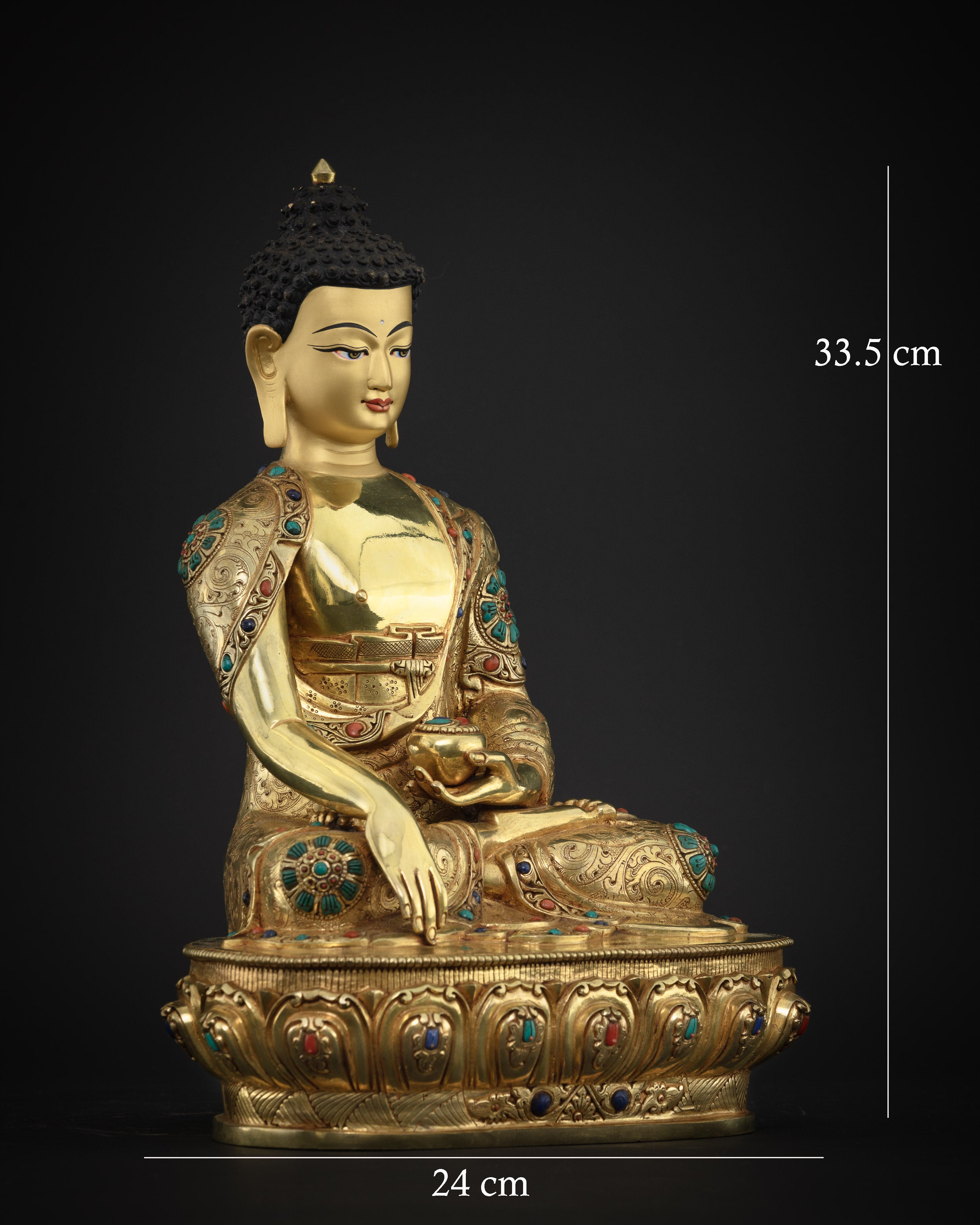 Right side view of handcrafted copper Shakyamuni Buddha statue from Nepal