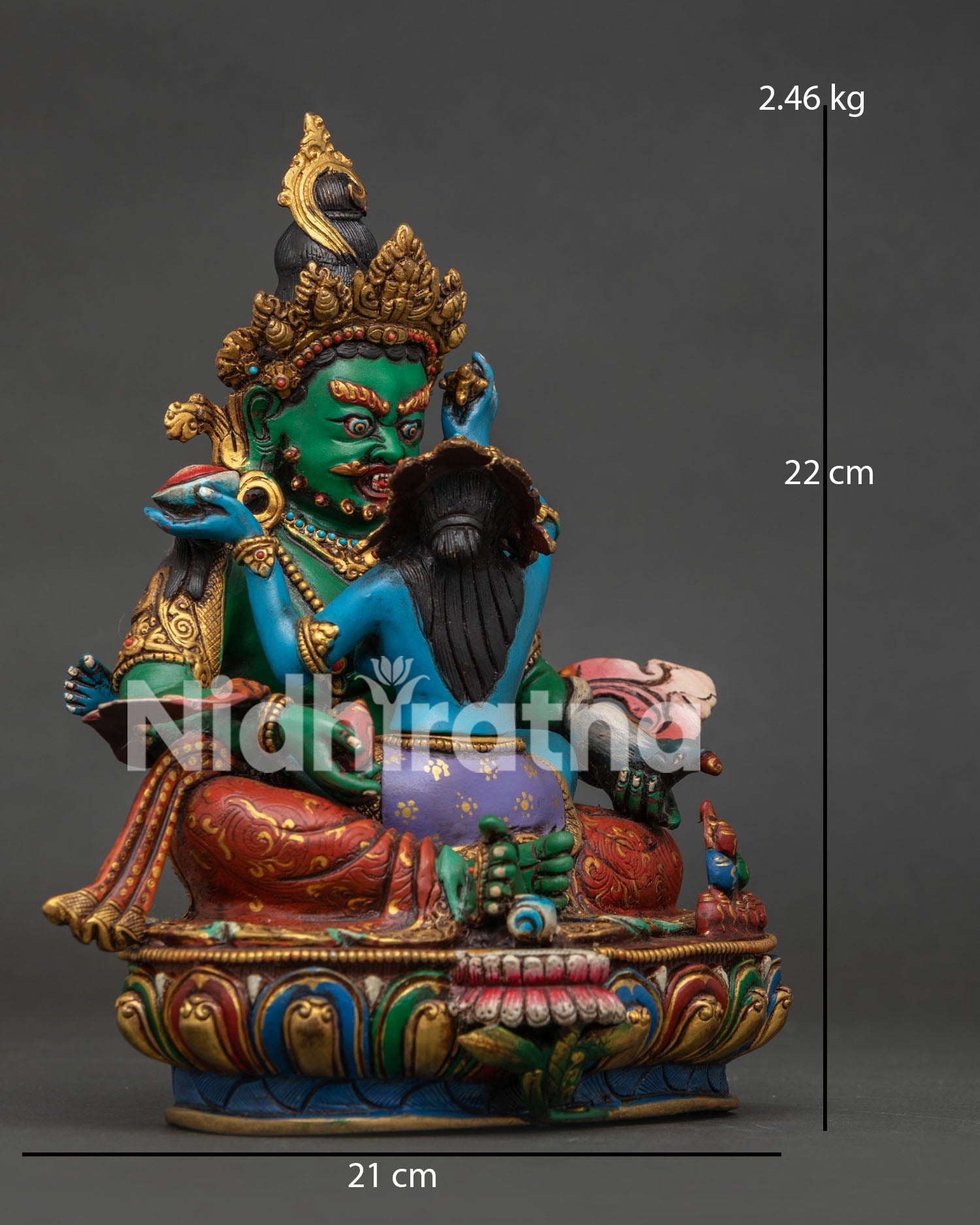 right side view highlights the Yab-Yum posture of the Green Dzambhala statue