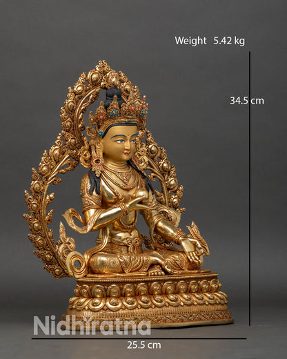 right side view ksitigarbha statue copper and fire-gilded gold nepalese craftsmanship