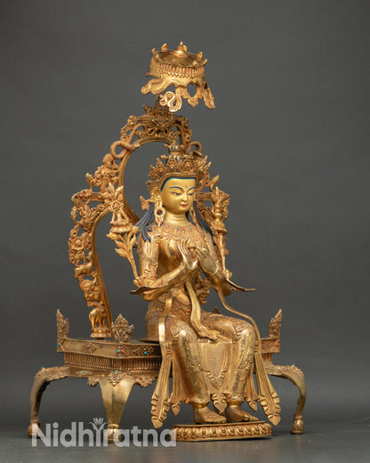 right side view of maitreya buddha statue, lotus base and throne details