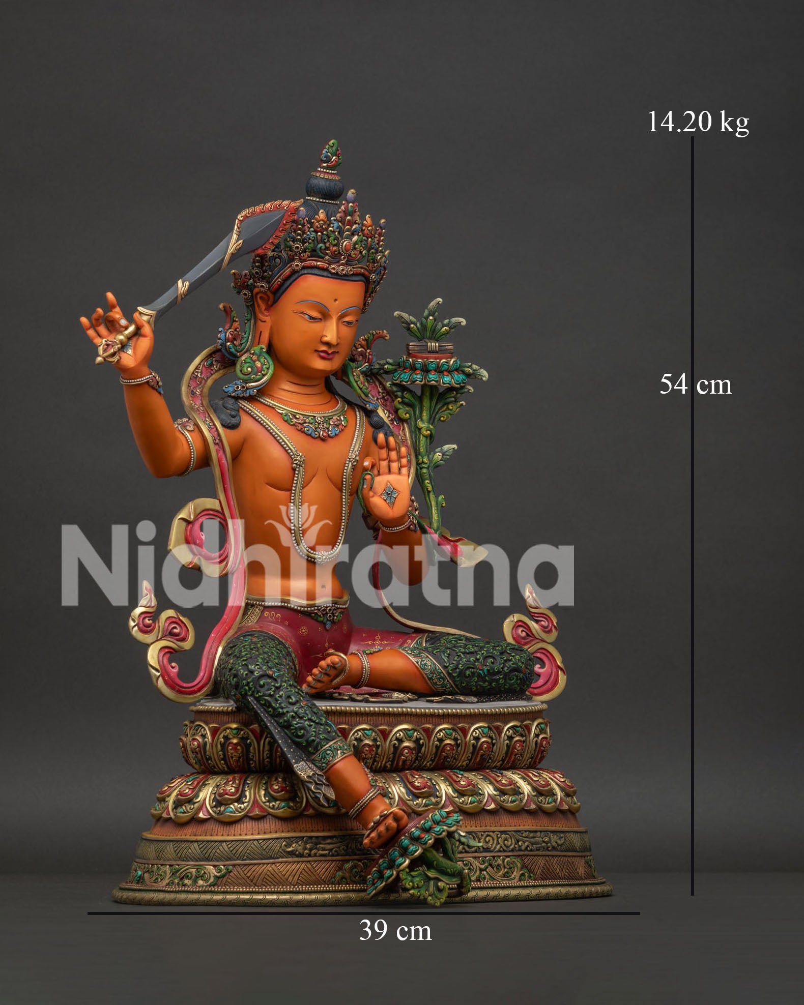 Right side view Manjushri statue flaming sword of wisdom raised hand painted copper Nepal