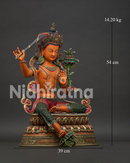 Right side view Manjushri statue flaming sword of wisdom raised hand painted copper Nepal