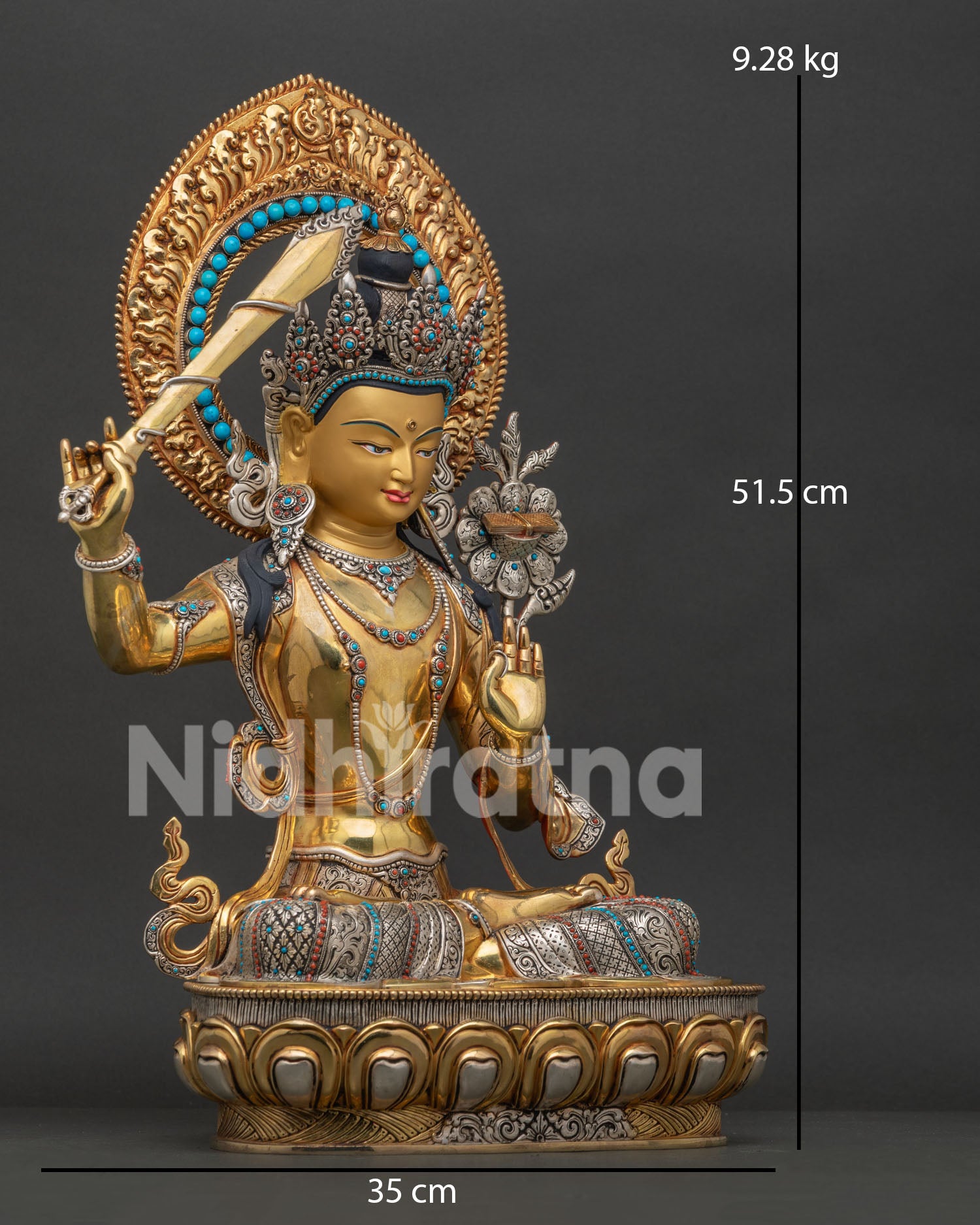 Right side view of Manjushri Statue with flaming sword lotus and ornate halo