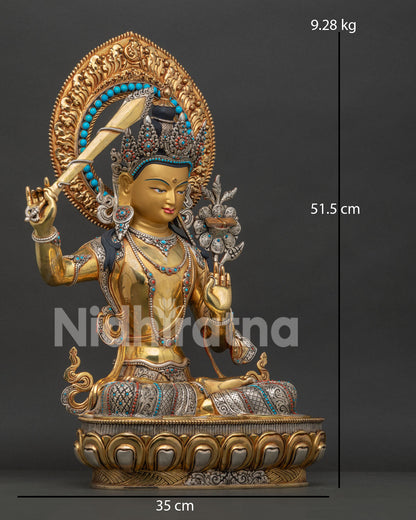 Right side view of Manjushri Statue with flaming sword lotus and ornate halo