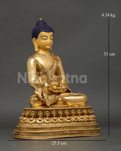 Medicine Buddha right view, myrobalan plant, earth-touching mudra, 24K gold copper Nepal