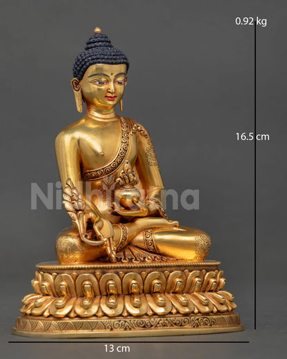 Right side view Medicine Buddha Statue, fire-gilded copper, lost wax method, handmade Nepal
