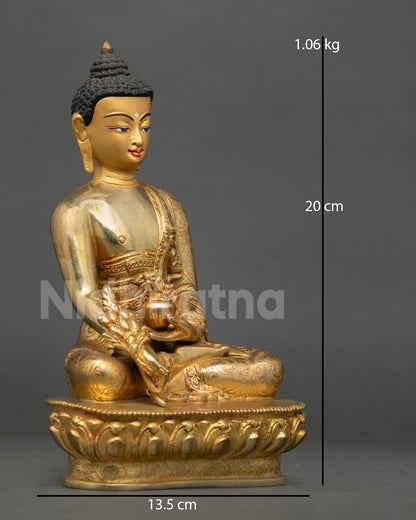 right side view medicine buddha statue seated on lotus throne copper gold finish