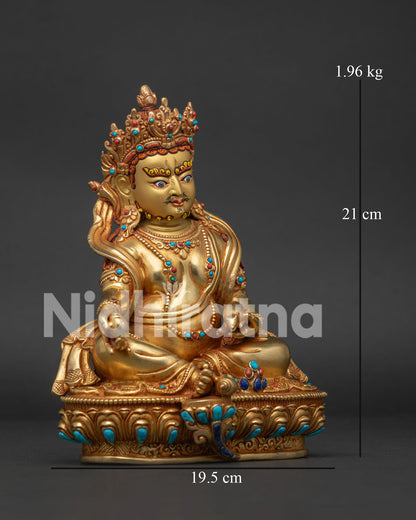 right side view of 24K gold Dzambhala statue on ornate lotus pedestal