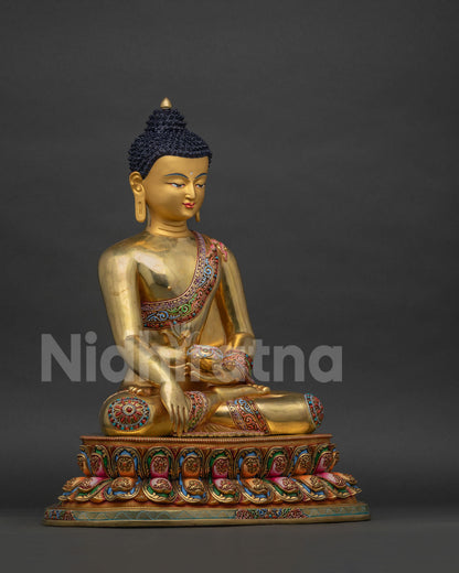 Right side view of 24K gold fire-gilded Shakyamuni Buddha statue, Nepal artistry