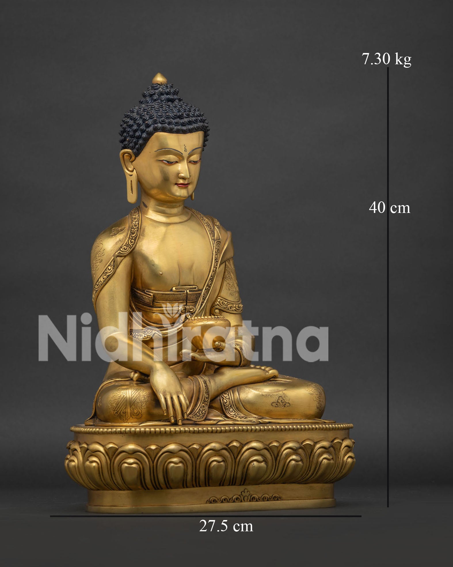 right side view of 24k gold shakyamuni buddha statue bhumisparsha mudra nepal