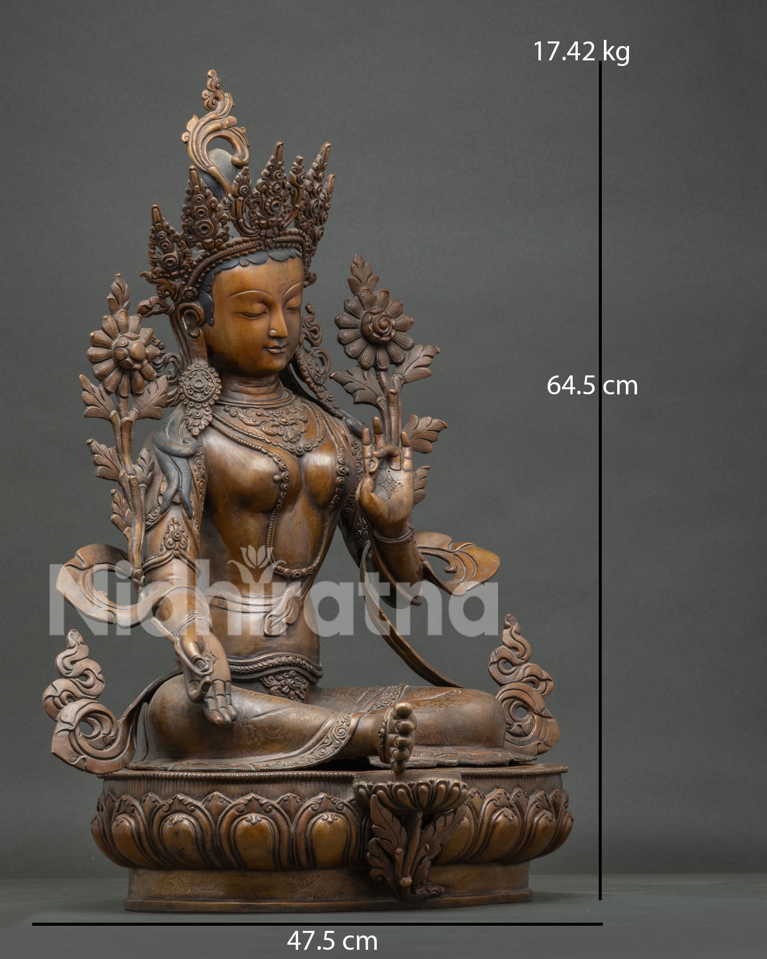 Right side view of 25-inch Green Tara oxidized copper statue