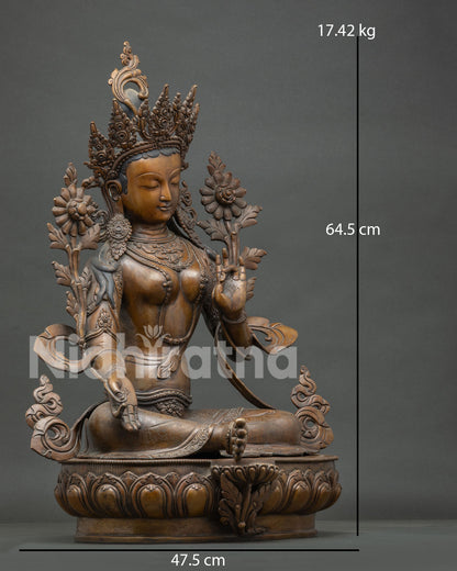 Right side view of 25-inch Green Tara oxidized copper statue