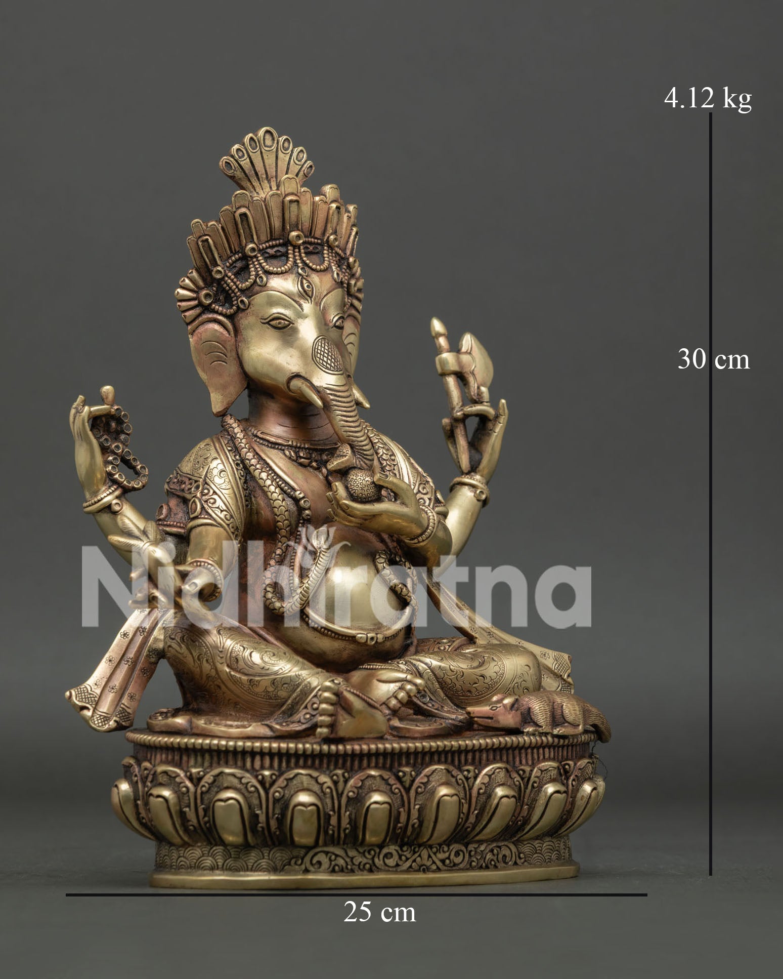 Right side view of 30cm copper Ganesh statue in relaxed royal seating posture.