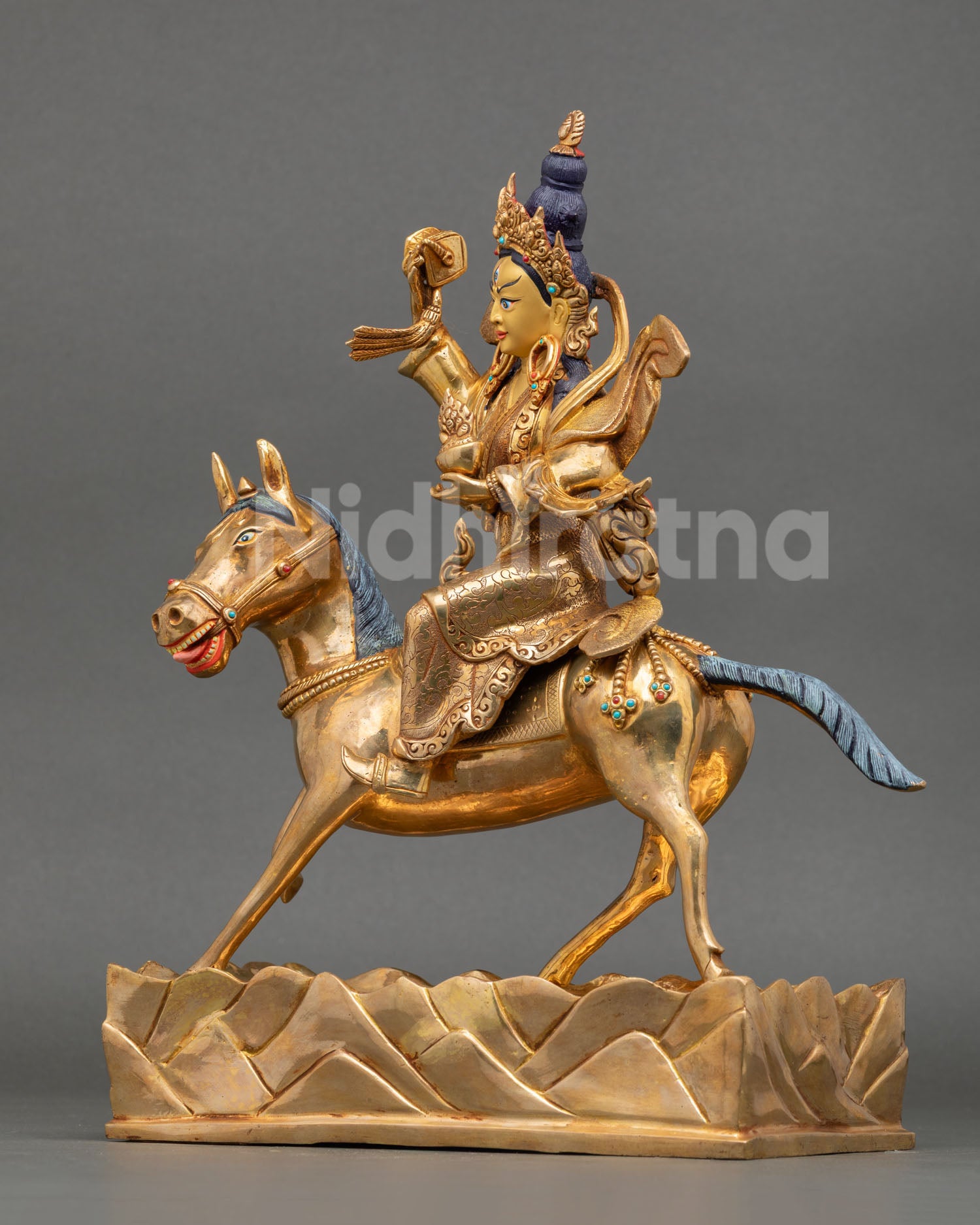 right side view of achi chokyi drolma horse statue, handcrafted nepalese buddhist art