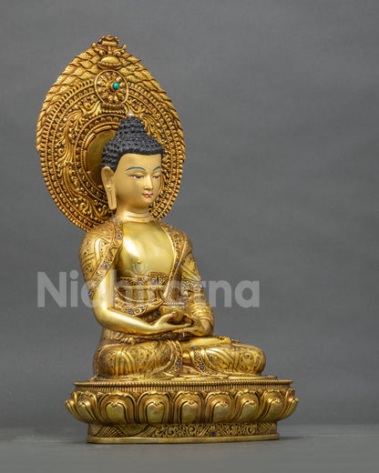Right side view of Amitabha Buddha statue, gold fire-gilded copper Pure Land Buddha idol from Nepal
