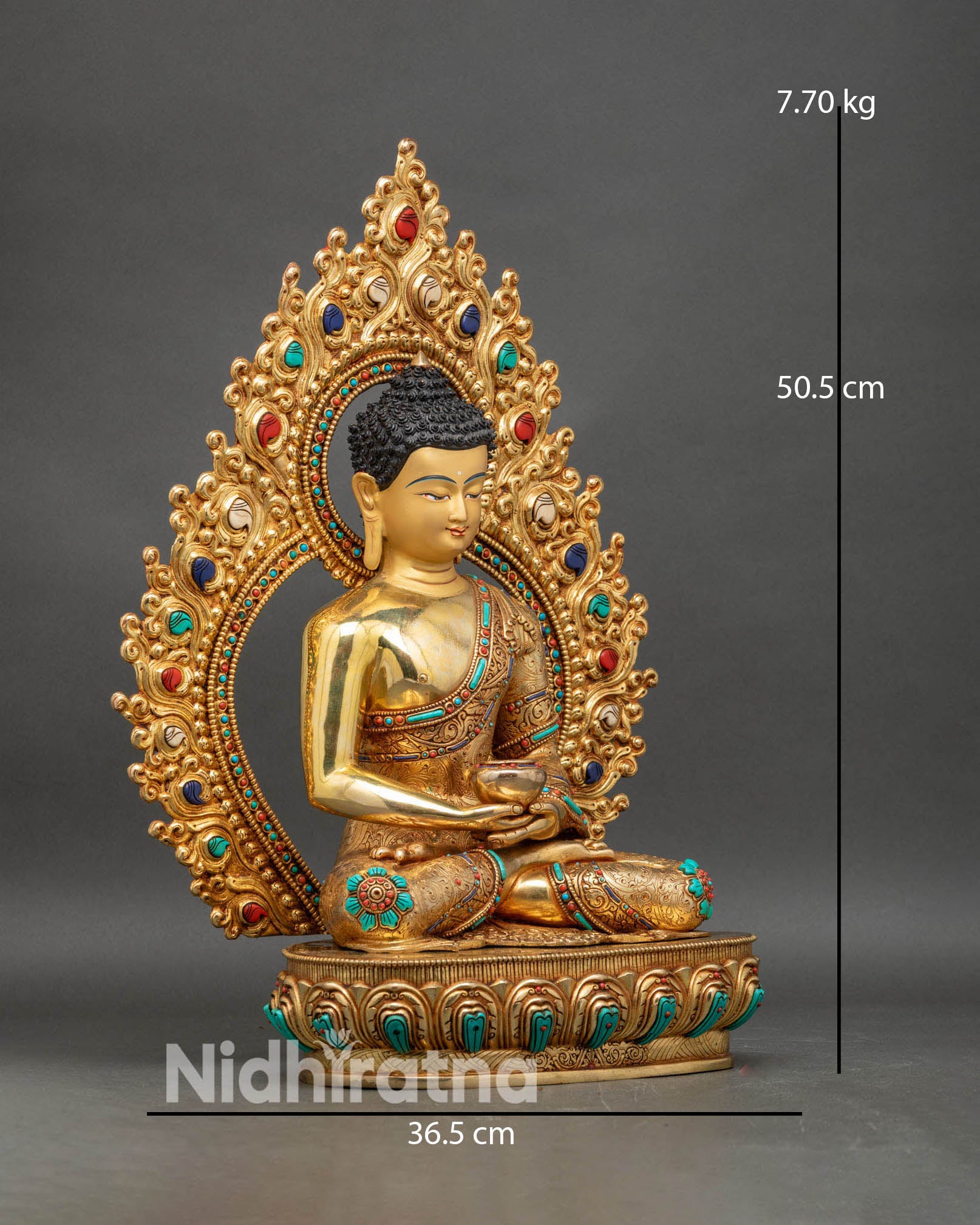 Right side view of Amitabha Buddha statue, handcrafted Nepalese gold copper sculpture
