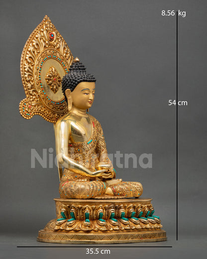 right side view of amitabha buddha statue in dhyana mudra holding alms bowl