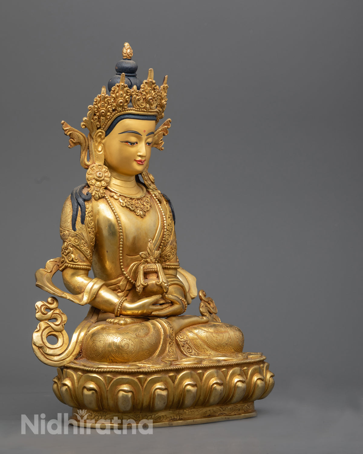 Right side view of Amitayus Buddha statue, 24K gold-gilded copper, Nepal