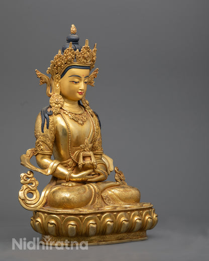 Right side view of Amitayus Buddha statue, 24K gold-gilded copper, Nepal