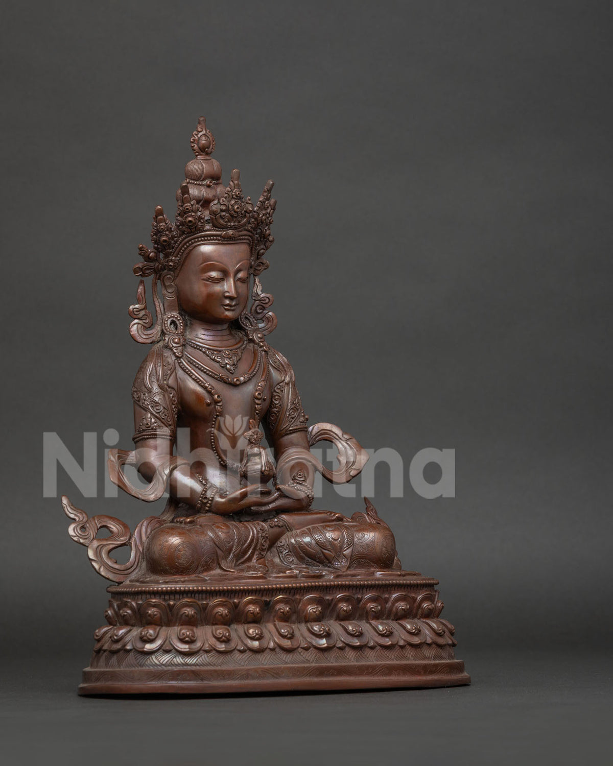 Right side view of Amitayus Buddha statue, handmade Nepalese copper art