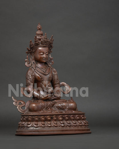 Right side view of Amitayus Buddha statue, handmade Nepalese copper art