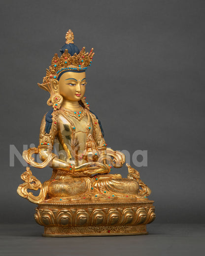 Right side view of Amitayus Buddha statue seated on double lotus base, gold gilded copper Nepal