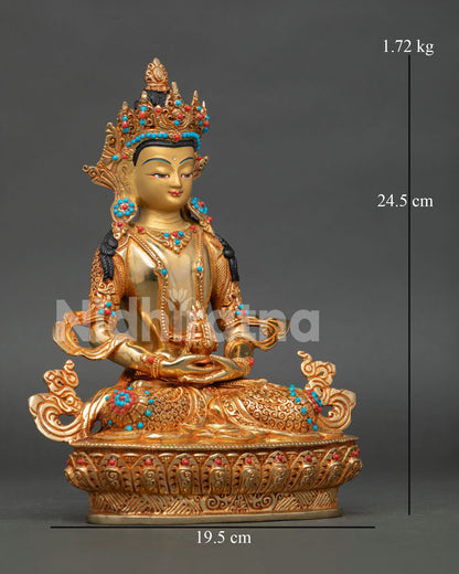 Right side view of Amitayus Buddha statue with long life vase and gold details