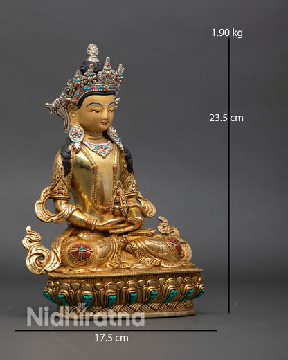 right side view of amitayus copper statue handcrafted in nepal