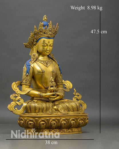 Right side view of Amitayus long life Buddha statue seated in vajra posture holding amrita vase