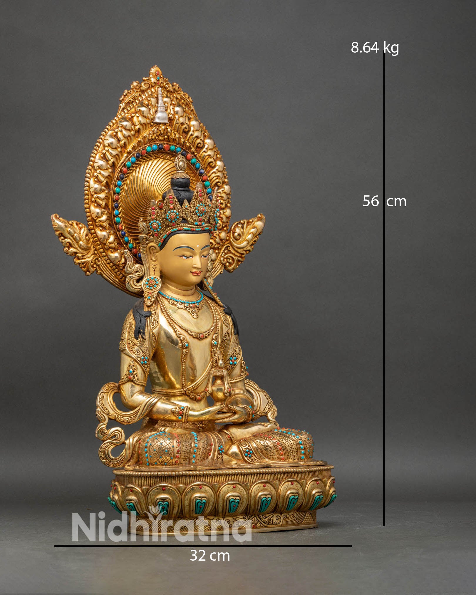 Right side view of Amitayus statue holding nectar vase, gold gilded Himalayan sculpture