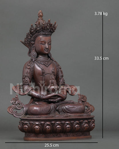 Right side view of Amitayus statue in meditation posture holding vase of longevity nectar