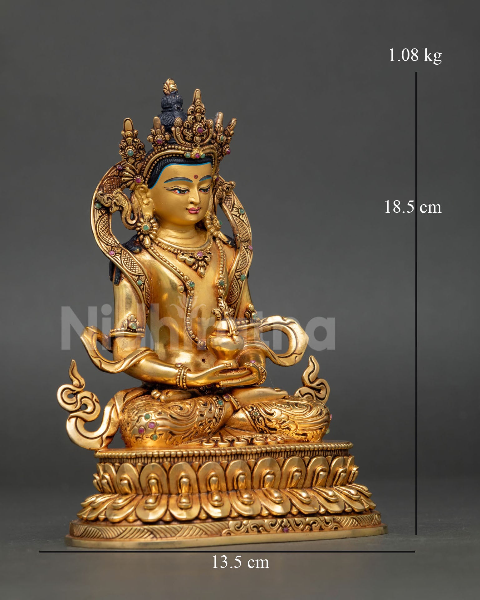 Right-side view of Amitayus Statue seated on a double-lotus throne