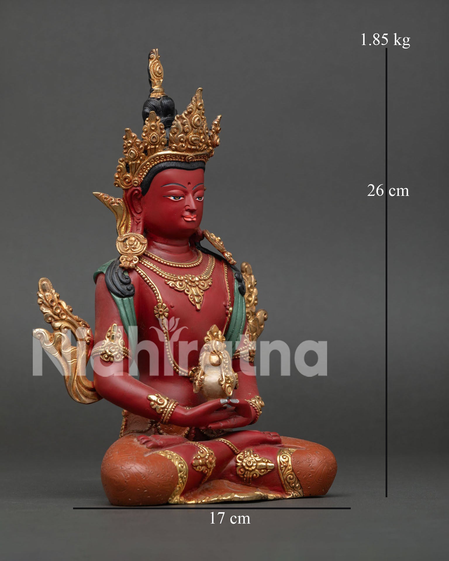 Right side view of Amitayus Statue with nectar vase, lotus seat detail