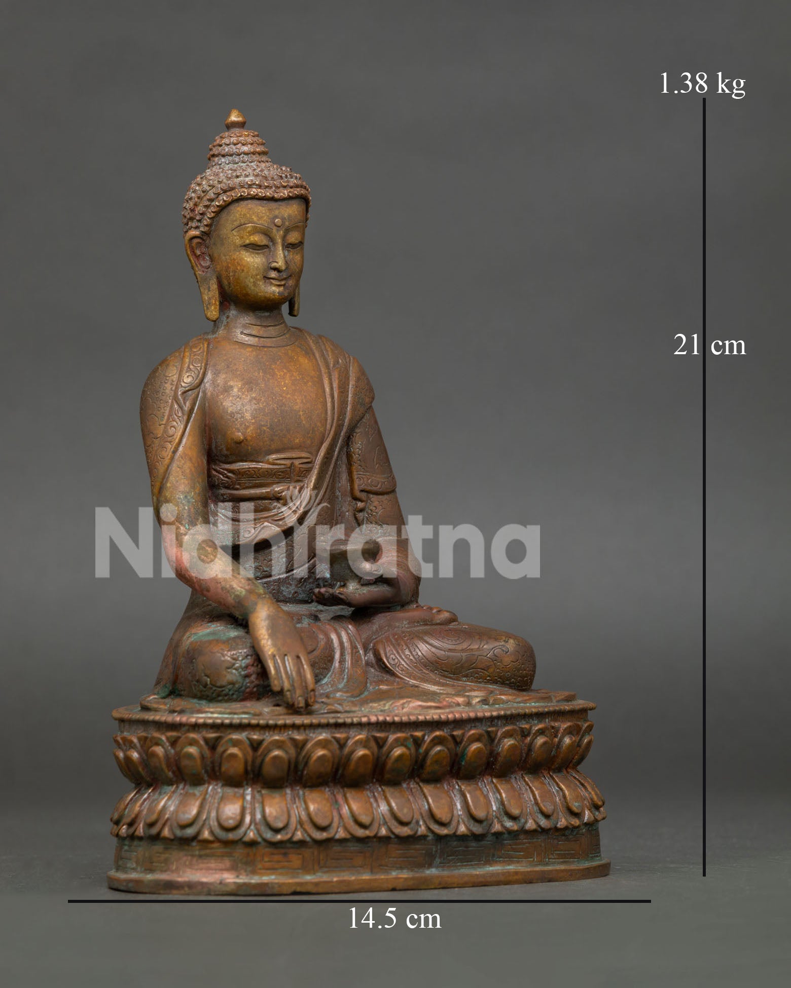Right side view of Antique Finished Shakyamuni Buddha Statue on lotus throne from Nepal