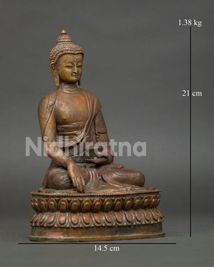 Right side view of Antique Finished Shakyamuni Buddha Statue on lotus throne from Nepal