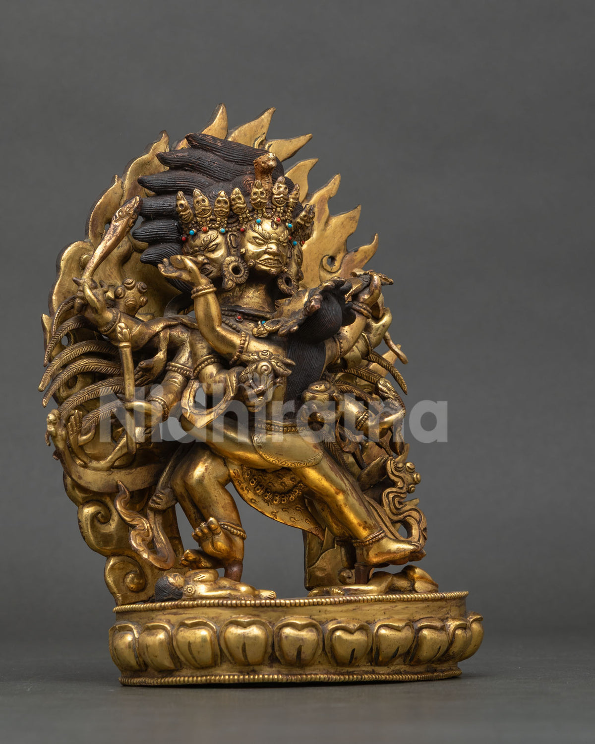 Right side view of antique Hayagriva Yab-Yum statue, hand-carved gilded copper from Nepal